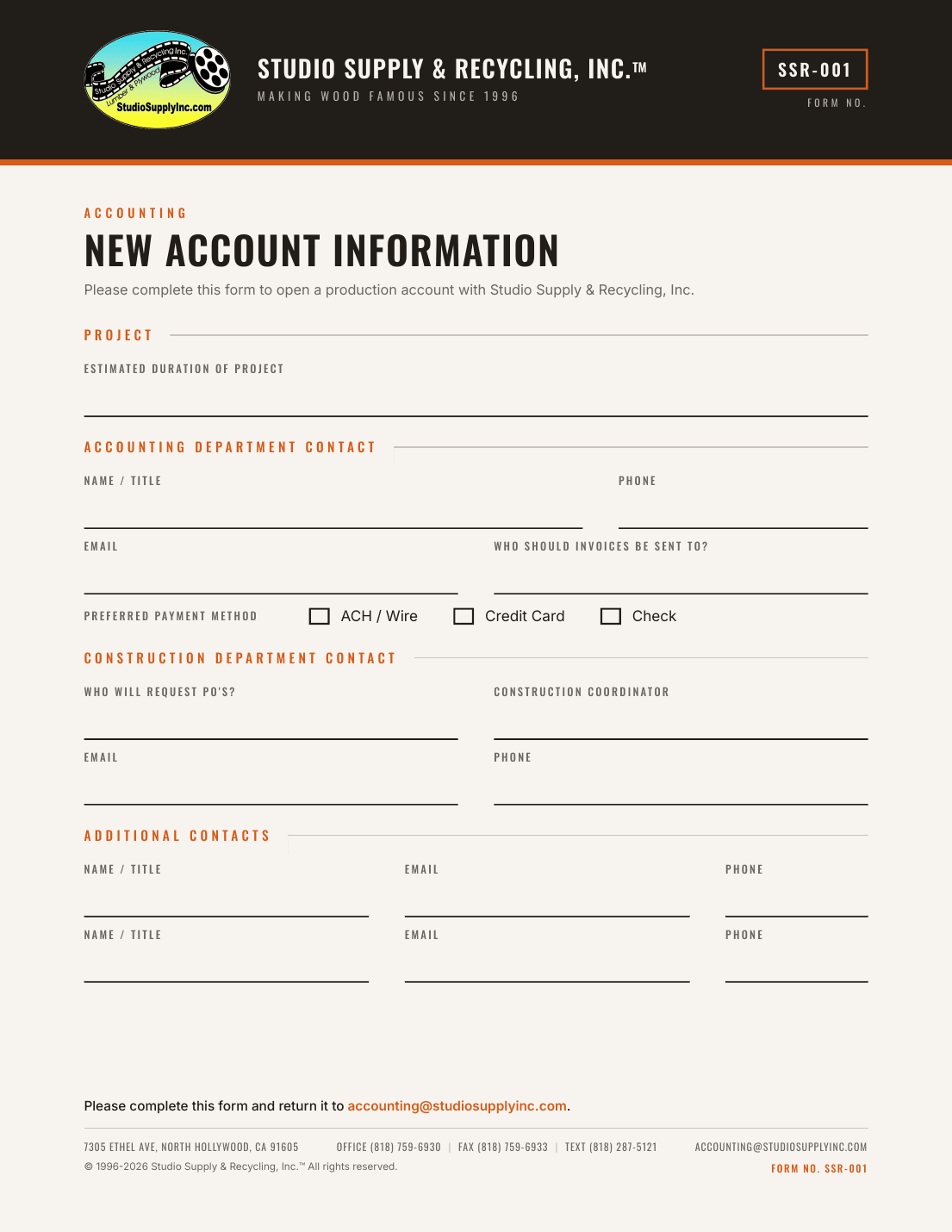 Preview of the SSR-001 New Account Information form