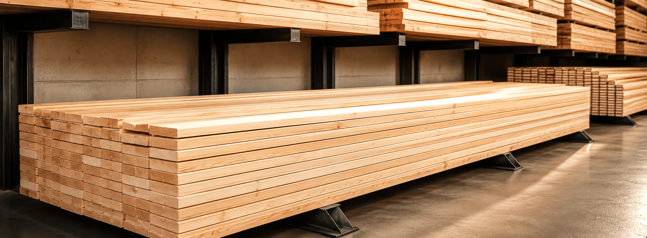 Stacked dimensional lumber in the Studio Supply warehouse