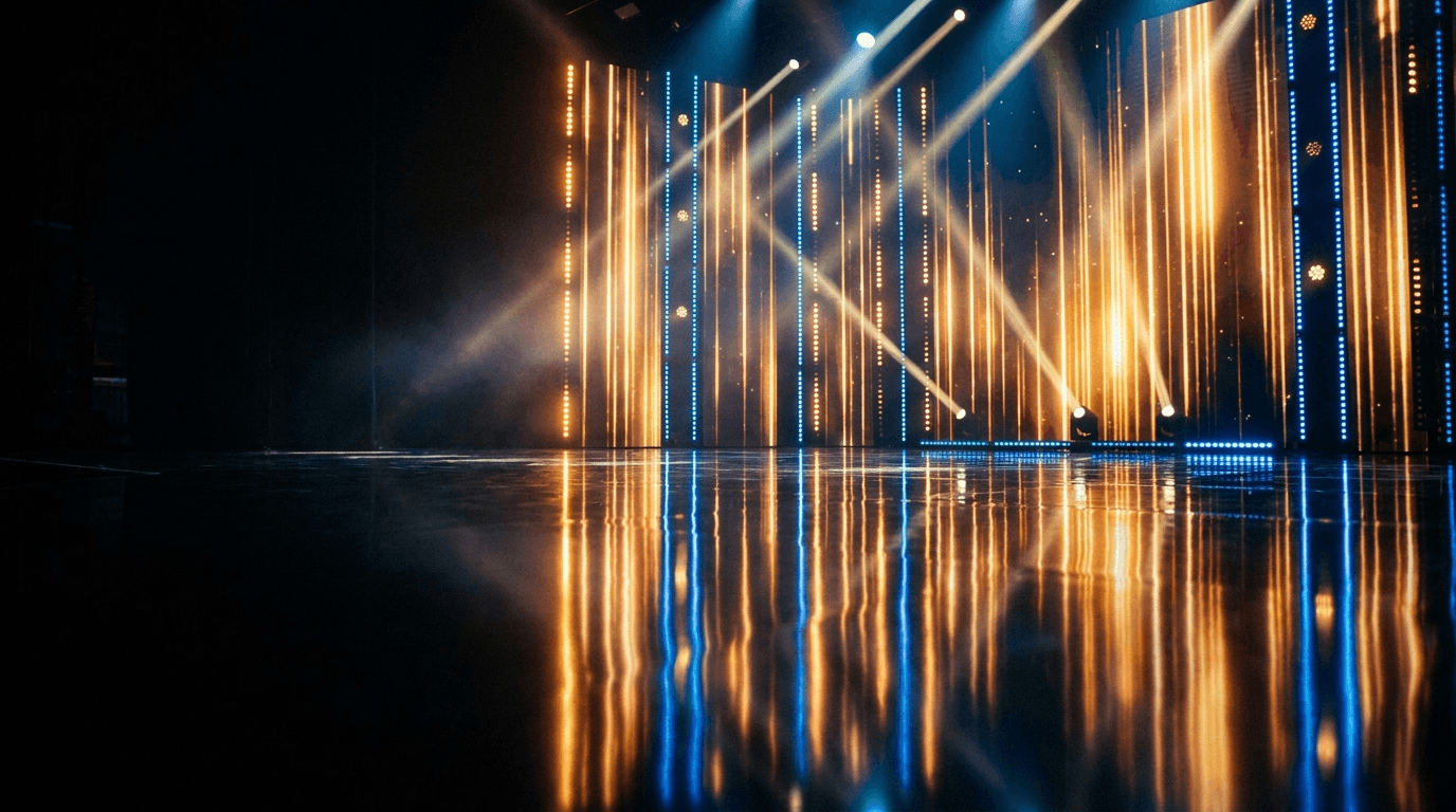 Mirror-gloss Marlite stage floor reflecting stage lights