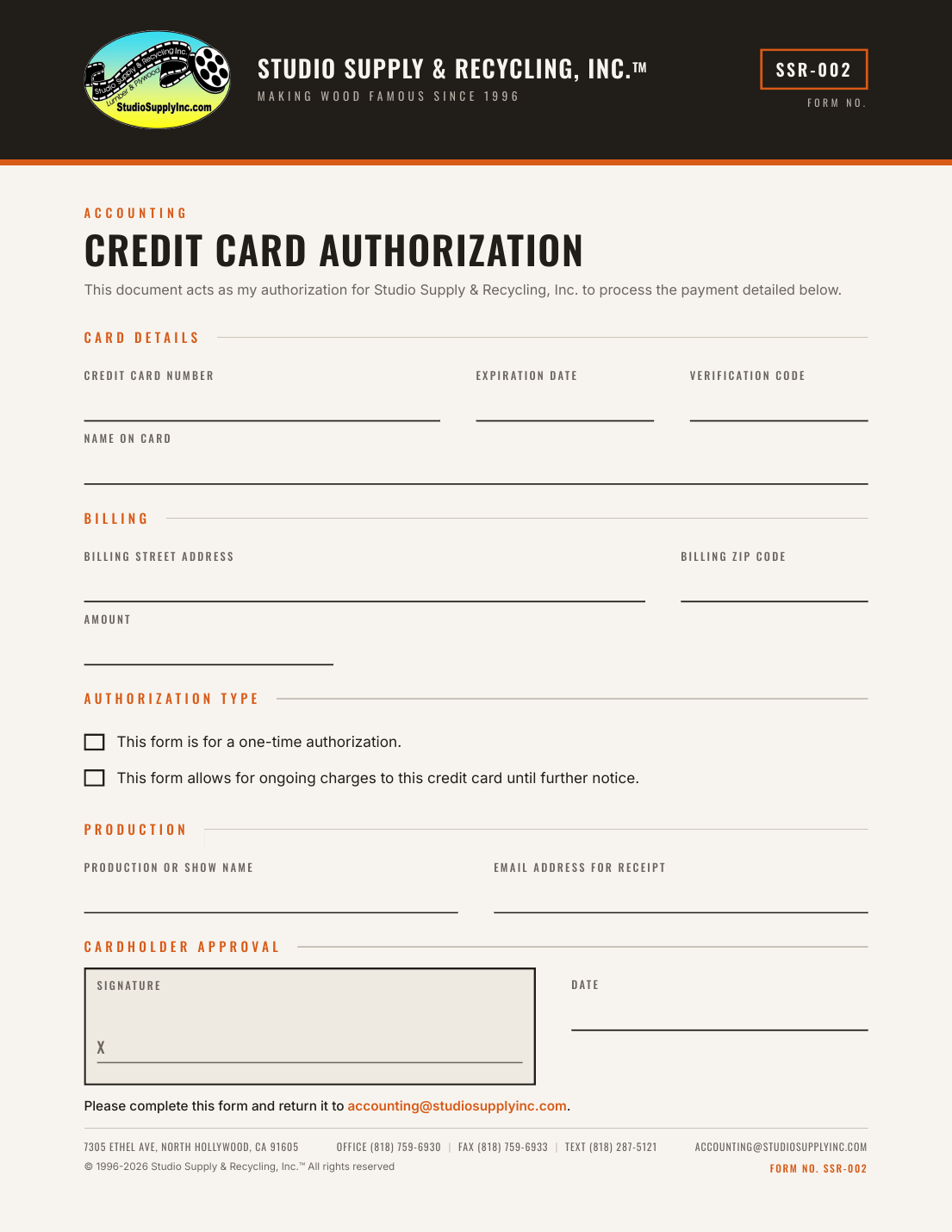 Preview of the SSR-002 Credit Card Authorization form